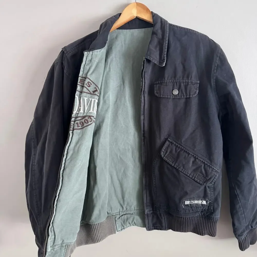 Harley Davidson Reversible Embroidered Canvas Bomber Jacket Black Size Medium - Picture 6 of 9